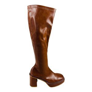 Maryam Knee High Heeled Boots Faux Leather Size 37 Brown Block for Women's 8.5